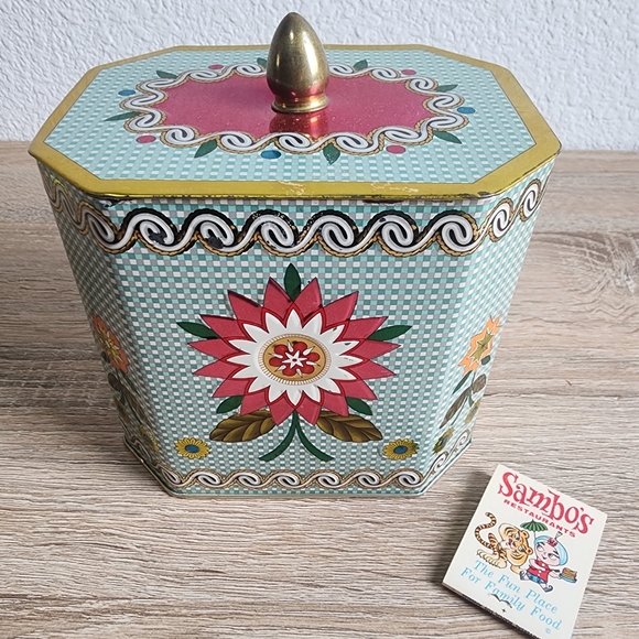 VINTAGE MCM English Tea Tin Canister with Lid Colorful Flowers - Picture 13 of 13